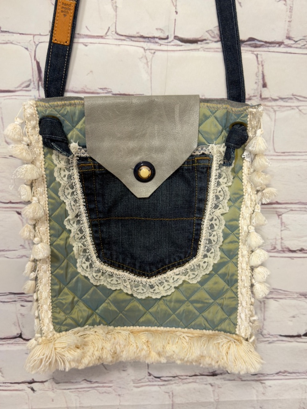 HANDMADE BOHO FESTIVAL DENIM LEATHER QUILTED FRINGE LACE BAG PURSE TOTE